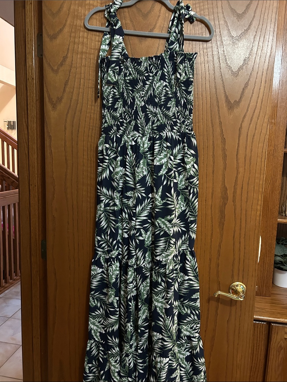 eesome Navy Leaf Print Maxi Jumpsuit with Green and White Foliage